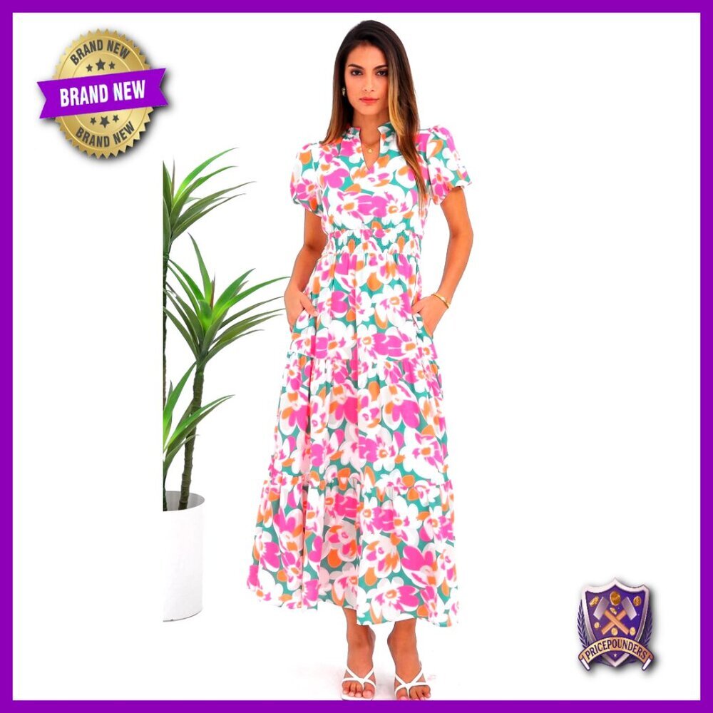 Floral Maxi Dress V Neck Puff Sleeve Smocked Waist Boho Summer Casual - Picture 7 of 7
